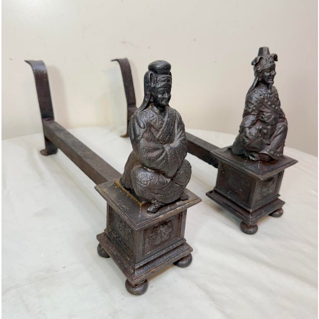Antique Pair 19th Century Chinese Emperor & Empress Cast Iron Fireplace Andirons For Sale - Image 13 of 16