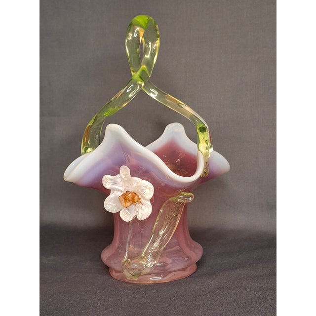Late 19th Century Antique Stevens & Williams Art Glass Basket - Pink Opalescent Cased Glass - Applied Flower & Stem - Uranium Vaseline Glass Handle - Circa 1880s For Sale - Image 5 of 18