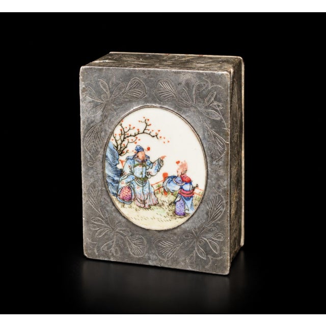 Metal Chinese Antique Pewter Box W Finely Painted Porcelain 1920s Republic Era For Sale - Image 7 of 13