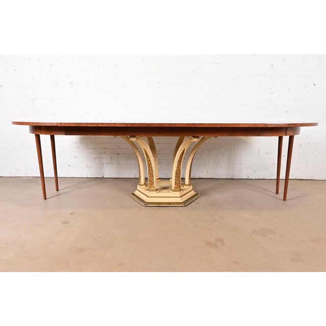 Mastercraft Italian Neoclassical Walnut and Burl Wood Parcel Gilt Pedestal Extension Dining Table For Sale - Image 10 of 15