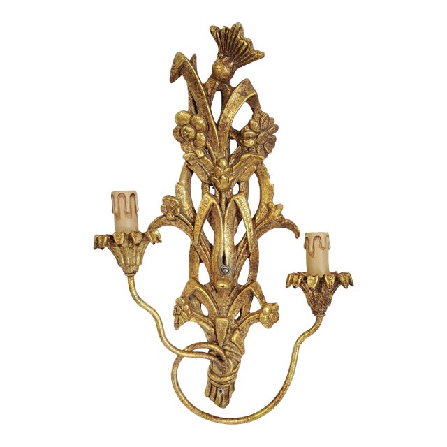 Vintage Italian Mid-Century Modern Metal & Gilt Carved Wood Floral Wall Sconce For Sale