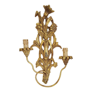 Vintage Italian Mid-Century Modern Metal & Gilt Carved Wood Floral Wall Sconce