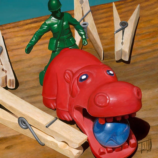 In "Maneuvers," a vivid acrylic painting, a playful yet surreal scene unfolds with a bright red hippo toy and a green...