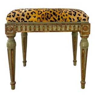 19th-C. French Carved and Green Painted Ottoman / Stool in Leopard Velvet For Sale