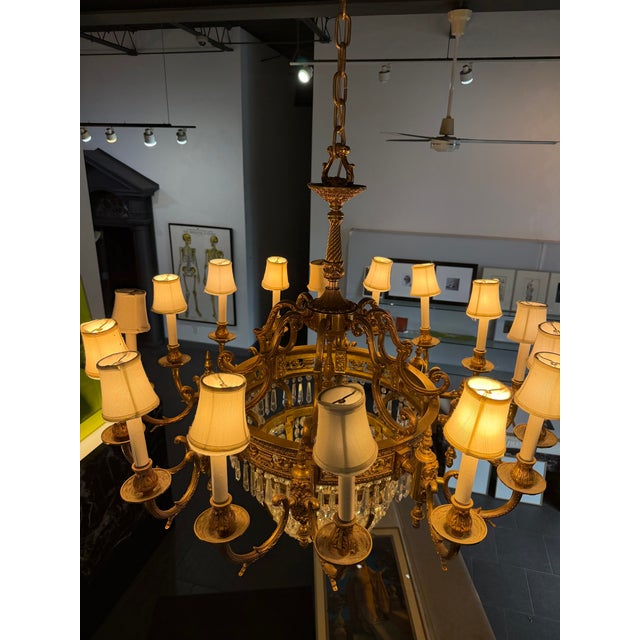 Antique Beaux Arts Bronze Crystal Basket 16 Light Chandelier Rewired For Sale - Image 11 of 15