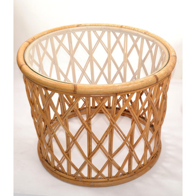 Bohemian round handwoven bend Bamboo, Reed, Rattan, Wicker coffee or cocktail table with inserted clear Glass Top....