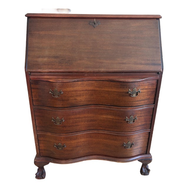Antique Serpentine Secretary Desk / Dresser (Solid Wood, Working Key – Circa 1920s–1940s For Sale