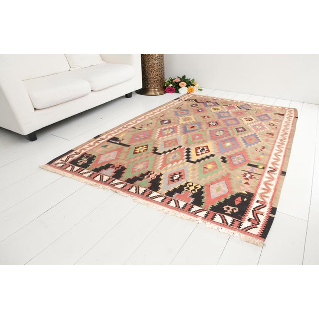 1960s Central Diamond Medallion Grid With Serrated Borders Kilim For Sale - Image 4 of 10