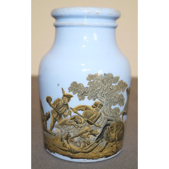 Circa 1880 English Victorian Prattware Pottery Blue Transferware Boar Hunt Scene Motif Mustard Jar For Sale In New Orleans - Image 6 of 8