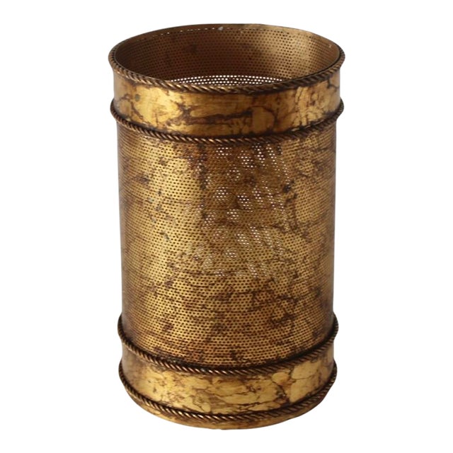Li Puma Italian Style Regency Gilt Metal Paper Wastebasket Mid-Century Hollywood Regency For Sale