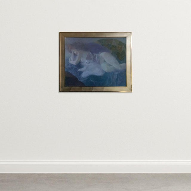 Emilia Castañeda Martínez, Female Figure with Cat, 1970s, Oil on Canvas, in Good conditions. Designed 1970 to 1979