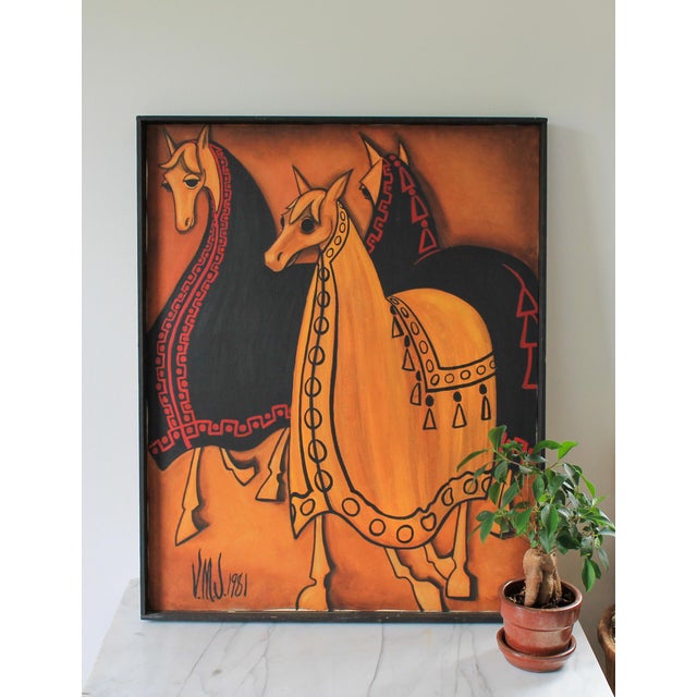 1980's framed painting with adorned horses featuring bold black outlines and rich, warm tones. Signed and dated. Some age...