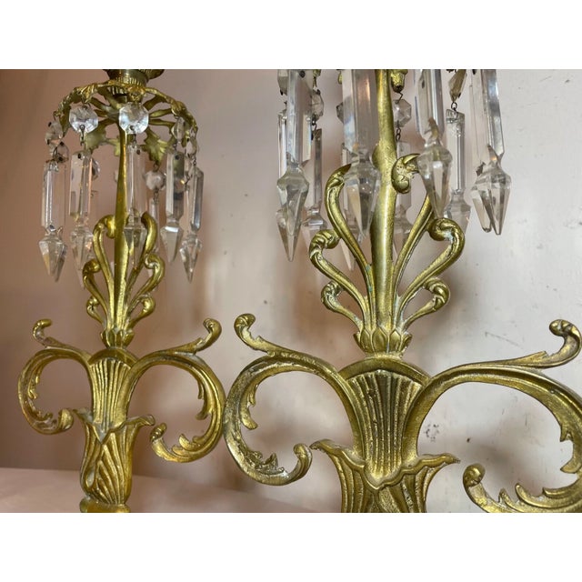 Brass Pair of Antique Ornate Brass Marble Drop Crystal Girandole Candle Holders Lamp For Sale - Image 8 of 11