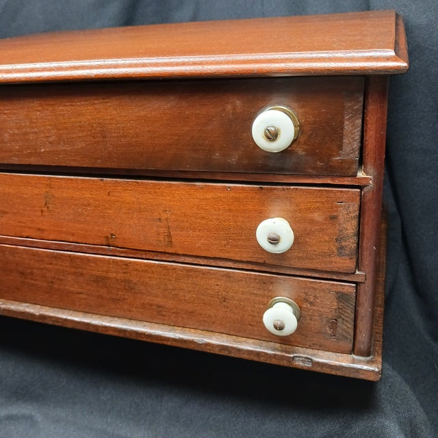 Brown Late 20th Century 3-Drawer Table Top Spool Cabinet With Porcelain Knobs For Sale - Image 8 of 16