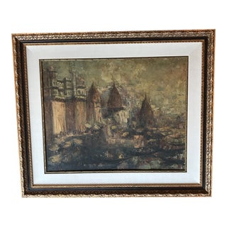 Prema Pathare Oil Painting on Canvas “Banaras Ghat”, 1971 For Sale