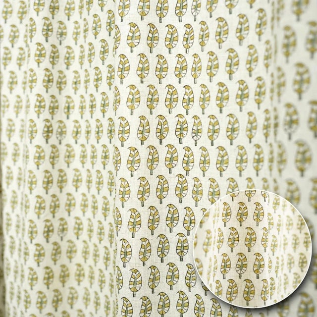 Block Print Natural Linen Curtain for Bohemian Home Décor Size 54"Wx96"L-Lil Paisley For Sale - Image 6 of 7