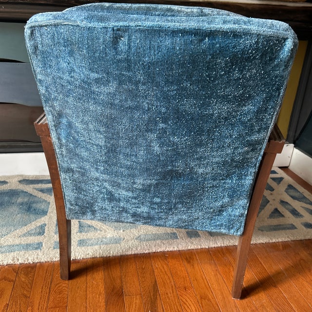 Mid-Century Modern Cane-Sided Tufted Armchair in Slate Blue Textured Chenille For Sale - Image 6 of 9