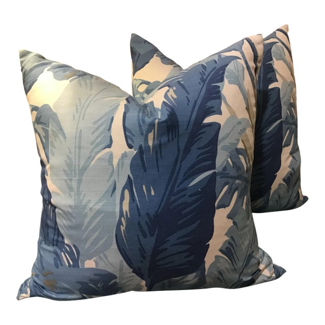 Thibaut “Travelers Palm” in Blue and White 22” with Down Inserts - a Pair For Sale