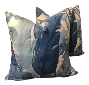 Thibaut “Travelers Palm” in Blue and White 22” with Down Inserts - a Pair