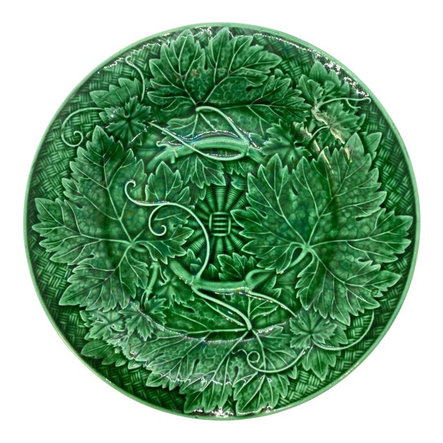 Wedgwood Majolica Green Glazed Basket Weave Plate, English, Dated 1894 For Sale