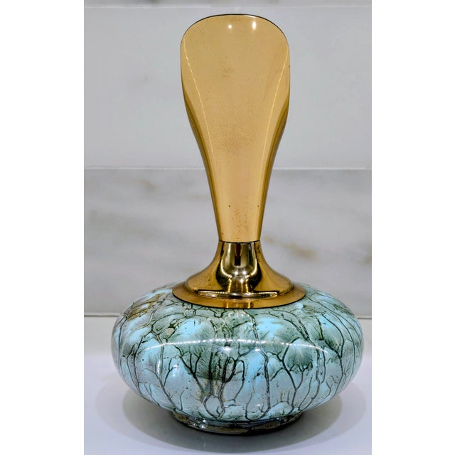 Mid-Century Modern 1960s Hand-Painted Delft Holland Brass and Aqua Ewer Vase For Sale - Image 3 of 9