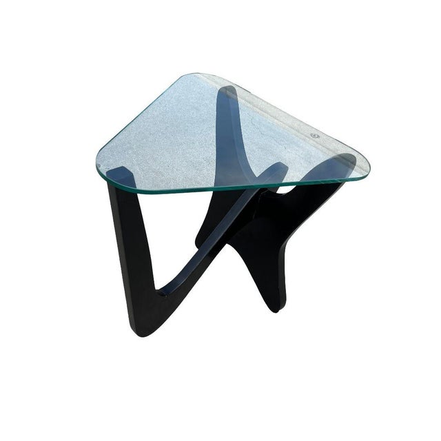0riginal 1950s black lacquer Triangle Glass Top "Airplane" end table in the style of Isamu Noguchi and commonly nicknamed...