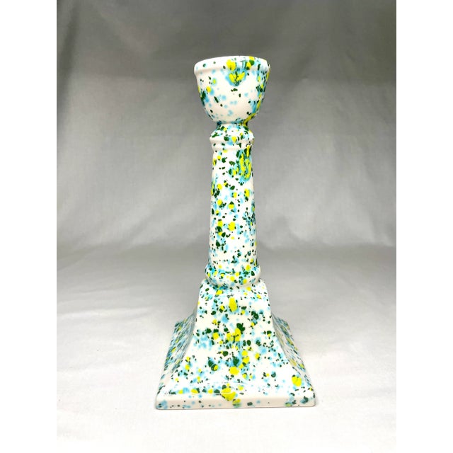White Vintage Modern Coastal Splatterware Painted Ceramic Glazed Candlesticks, a Pair, Turquoise, Yellow, Chartreuse For Sale - Image 8 of 10