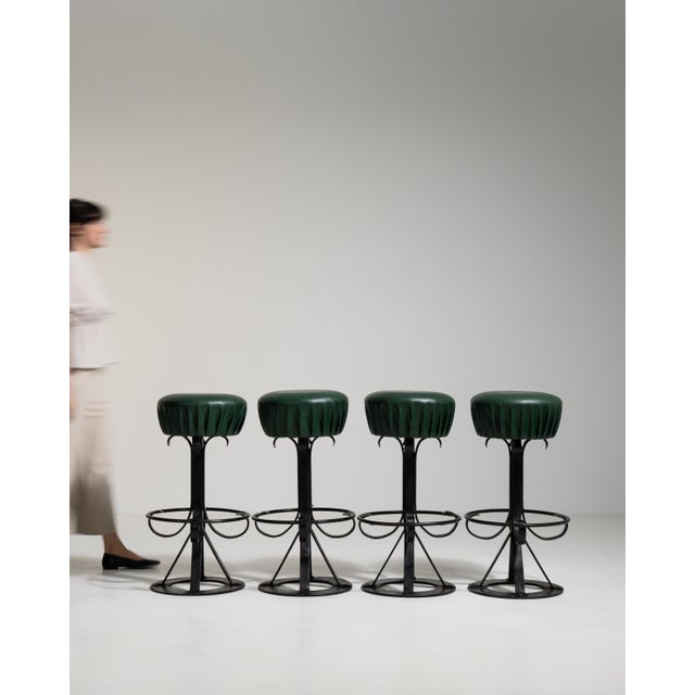 1970s Set of Four Bar Stools with Wrought Iron Bases For Sale - Image 11 of 16