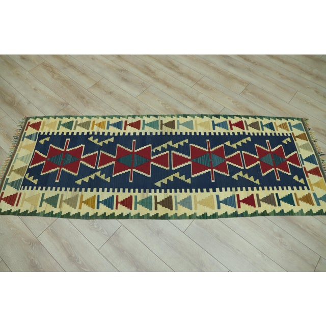 Tribal 1960s Turkish Vintage Handmade Navy Blue Handmade Oushak Kilim Runner Rug For Sale - Image 3 of 12