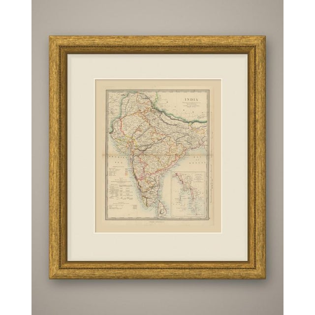 An original antique map of India, a steel engraving colored by hand, in outline keyed to a table of colors, with railway...