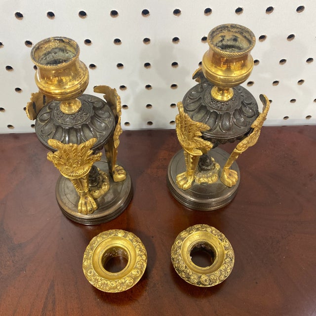 Metal Pair of Early 20th Century Georgian Bronze Regency Style Patinated Bronze and Ormolu Candlesticks For Sale - Image 7 of 11