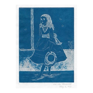 1982 Mariko Braswell Cyan Etching of a Girl For Sale