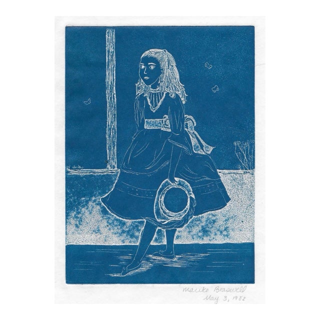 1982 Mariko Braswell Cyan Etching of a Girl For Sale