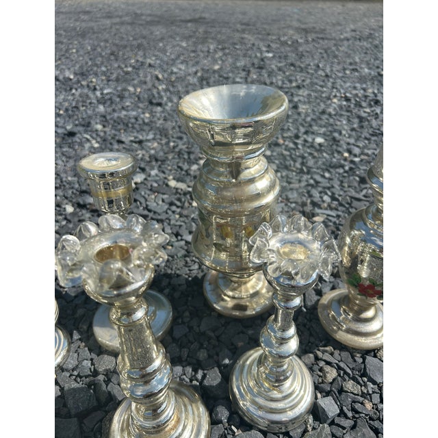 Vintage Mercury Glass Candlesticks and Vases- Set of 10 For Sale - Image 10 of 17