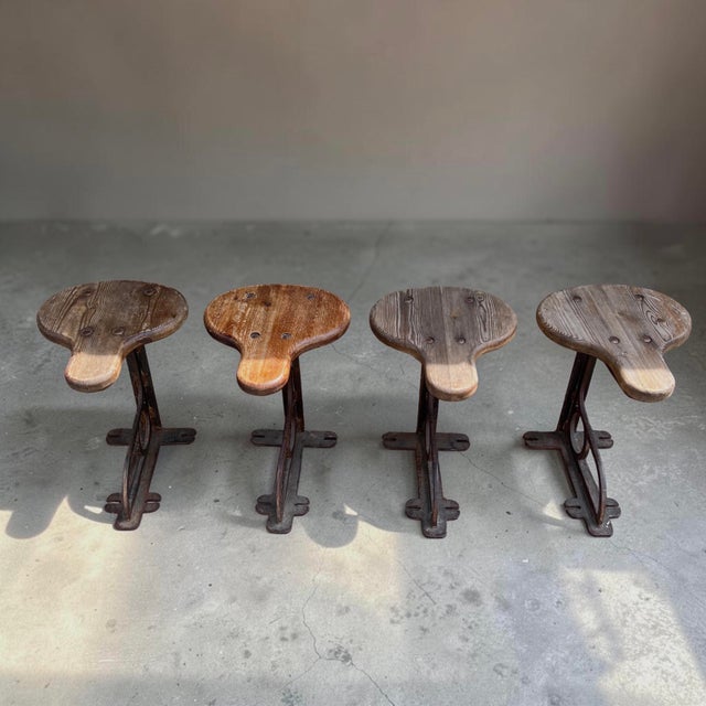 Antique Industrial Machinist Stools in Cast Iron and Pitch Pine, 1890s, Set of 4 For Sale - Image 5 of 6