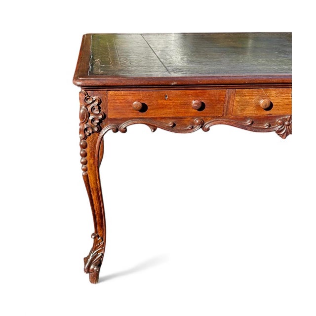 French Louis XV Style Carved Walnut Partners Desk with Leather Top. Impressive 19th Century walnut partners desk of...