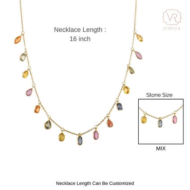 4.45 Ct Natural Multi Color Sapphire Fringe Necklace 18k Yellow Gold by VRJewels For Sale - Image 9 of 13