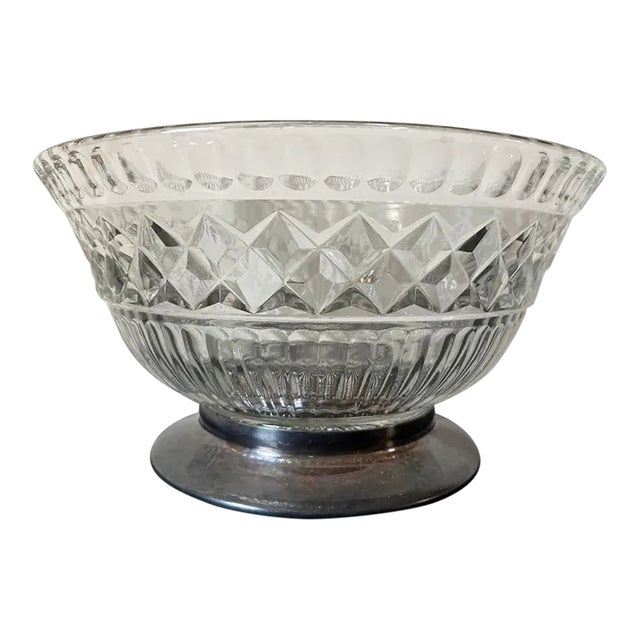 English Art Deco Crystal Glass and Silver Centerpiece Bowl, Circa Early 20th Century For Sale