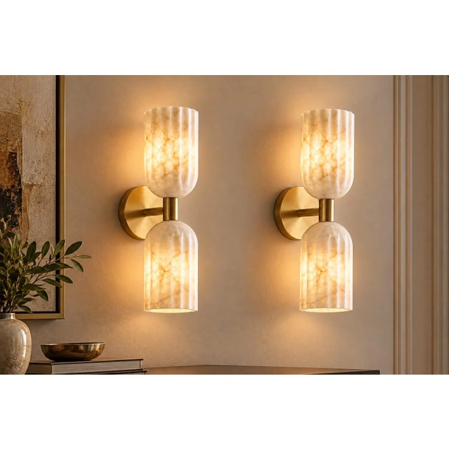Not Yet Made - Made To Order Handcrafted Brass & Natural Alabaster, Double Wall Sconces, Bathroom & Bedroom Lighting - Pair For Sale - Image 5 of 9