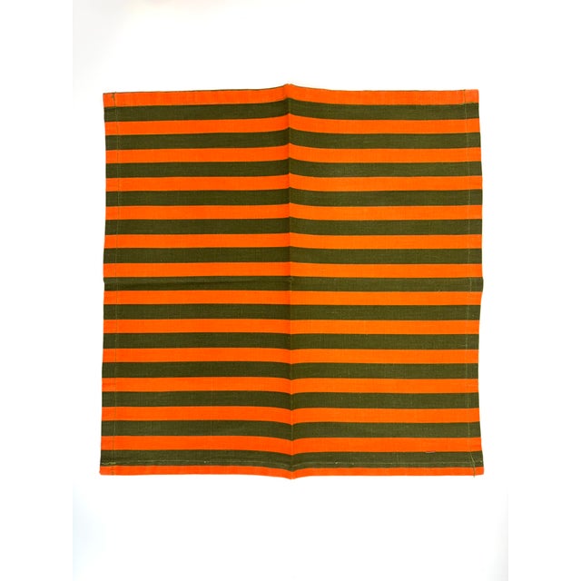 Textile 1960s Mid-Century Modern Orange and Olive Green Striped Cotton Napkins - Set of 6 For Sale - Image 7 of 8