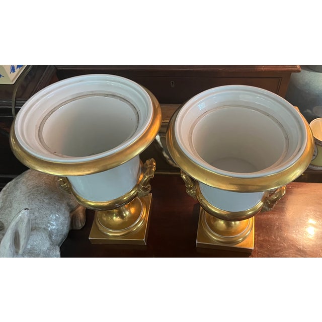 Ceramic Monumental Antique French Empire 19th Century Paris Porcelain Urns or Vases in White & Gold - A Pair For Sale - Image 7 of 11