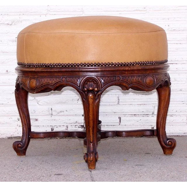 Wood Round Ottoman with Carved Legs and Leather Upholstered Seat For Sale - Image 7 of 7