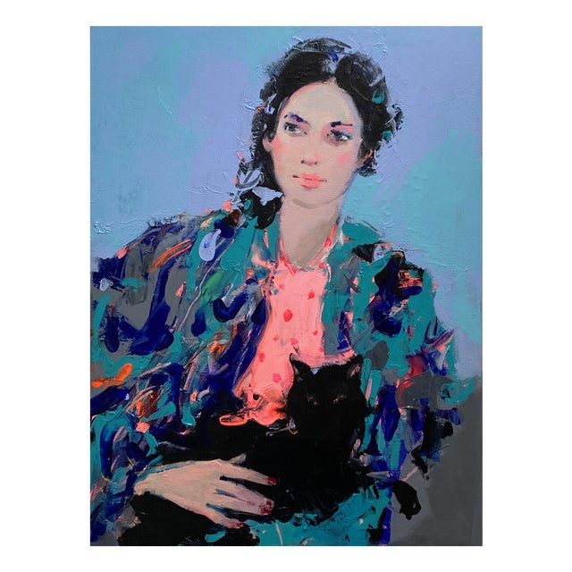 Liliya Nikolova, The Girl with the Black Cat II, Oil on Canvas For Sale
