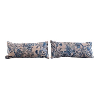 Pair of Blue and Beige Flower Decorative Pillows For Sale