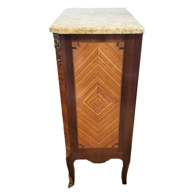 Wood Pair Antique French Louis XV Style Inlaid & Sienna Marble Chest Commodes Signed For Sale - Image 7 of 18
