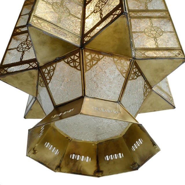 Metal Moroccan Vintage Brass & Etched Glass Pendant Light For Sale - Image 7 of 12