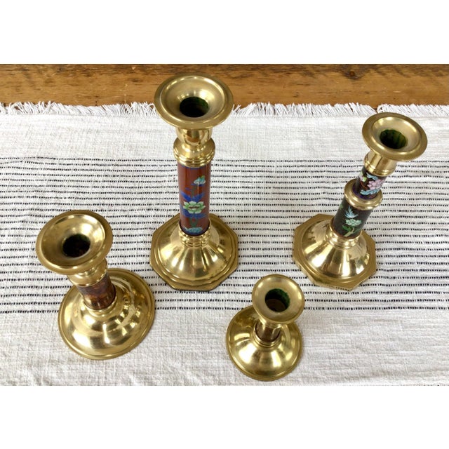 1990s Collection of Brass and Cloisonne Coordinating Candlesticks - Set of 4 For Sale - Image 9 of 12