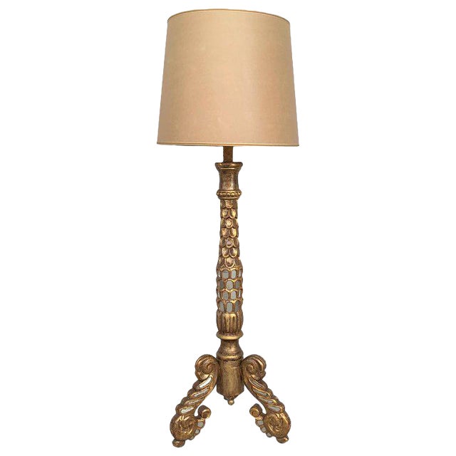 20th Century Italian Giltwood and Mirrored Floor Lamp or Torchère With Lampshade For Sale