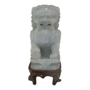 Chinese Carved Green Jade Foo Dog Guardian Figurine Sculpture on Wood Stand