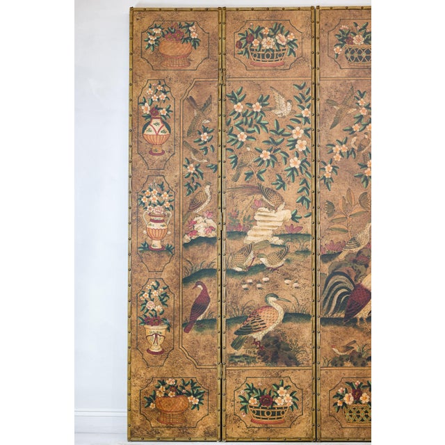 Six-Panel Leather Screen with Birds, Flowers, and Roosters - Vintage For Sale - Image 10 of 12